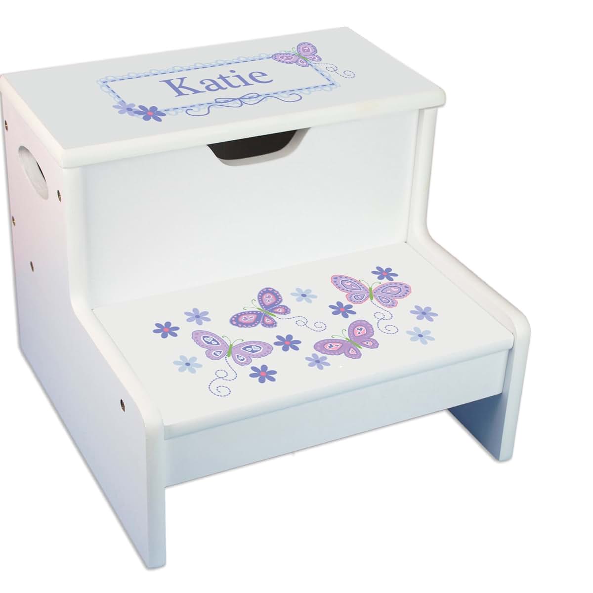 My Bambino Personalized Kids Step Stool With Lavender Butterflies And Storage