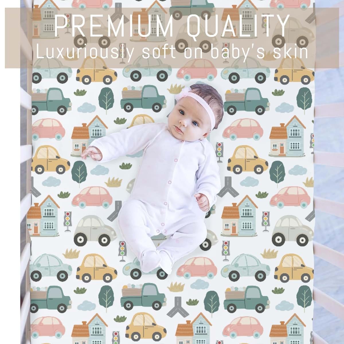 Selgkds Colorful Car Transport Baby Crib Sheets for Boys Car Truck Road House Trees Soft Snug Fitted Crib Mattress
