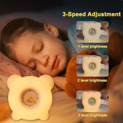 AVEKI Kids Night Light with Clock, Silicone Bear Lamp, 30-Min Timer, 3-Level Dimmable, Rechargeable Bedside Touch Lamp