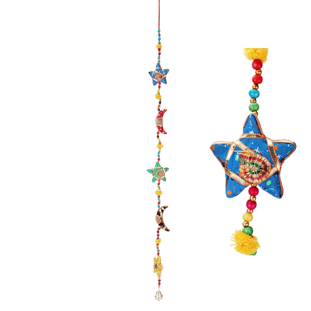 Crafts of India Handmade Moon and Stars Garland - 85 cm Beaded Wall Hanging with Bells