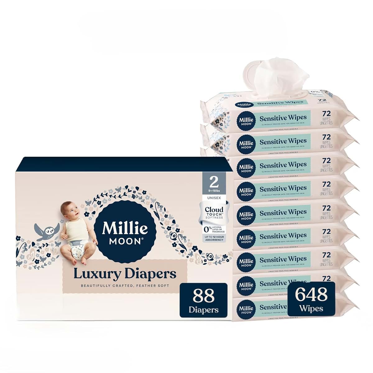 Genérico Millie Diapers Size 2, 88 Count & Sensitive Baby Wipes, 648 Count