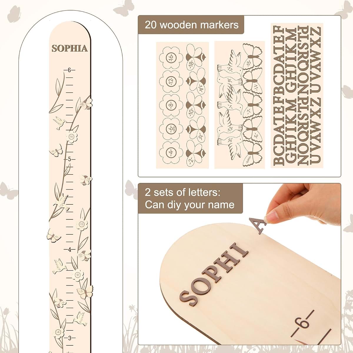 DoubleFill Kids Wood Growth Height Chart for Wall, Leaf Pattern, 63 x 5.5 Inch