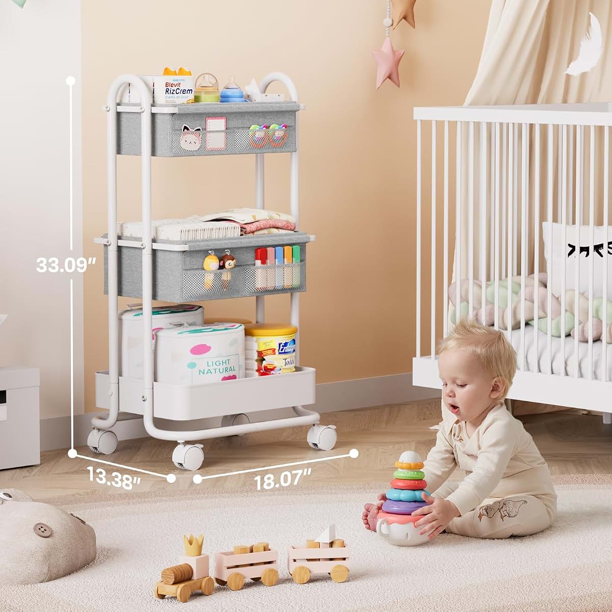 Modanais Baby Diaper Caddy Organizer Cart - 3 Tier Rolling Cart, Light Gray (photo 2)