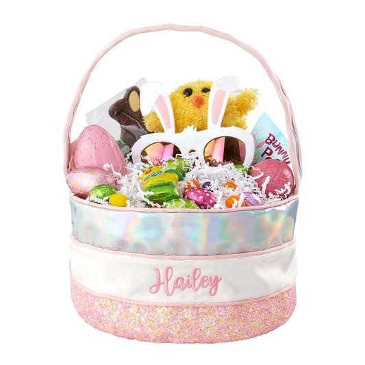 Personalization Universe Personalized Iridescent Pink Easter Basket – Custom Kids Easter Gift – Baby's First