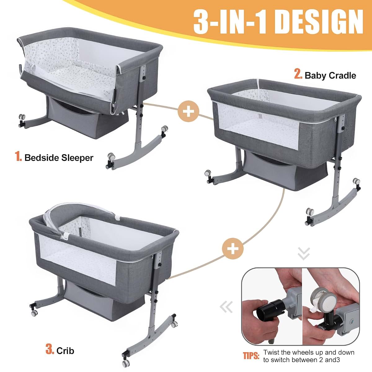 BARMI 3-in-1 Baby Bassinet Bedside Sleeper with Mosquito Net