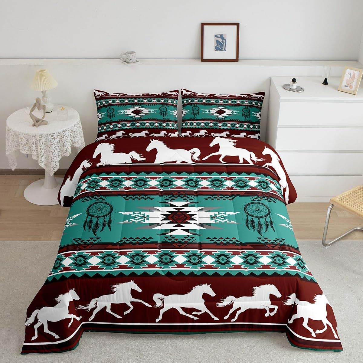 Feelyou Boho Toddler Comforter Set Southwestern Aztec Design Wine Red Teal Microfiber