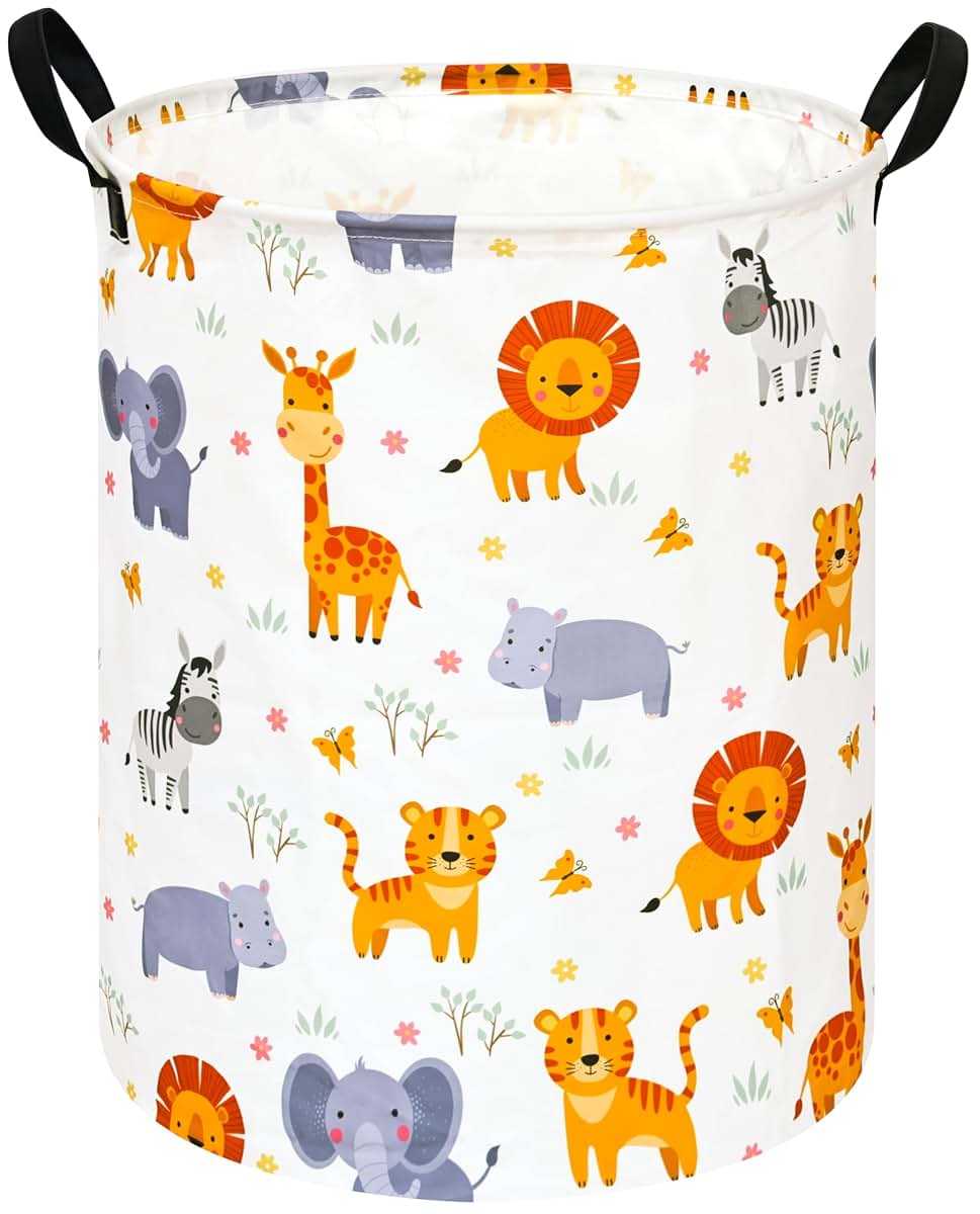 HUAYEE Round Lion and Tiger Pattern Laundry Hamper with Handles, Fabric Storage Bin