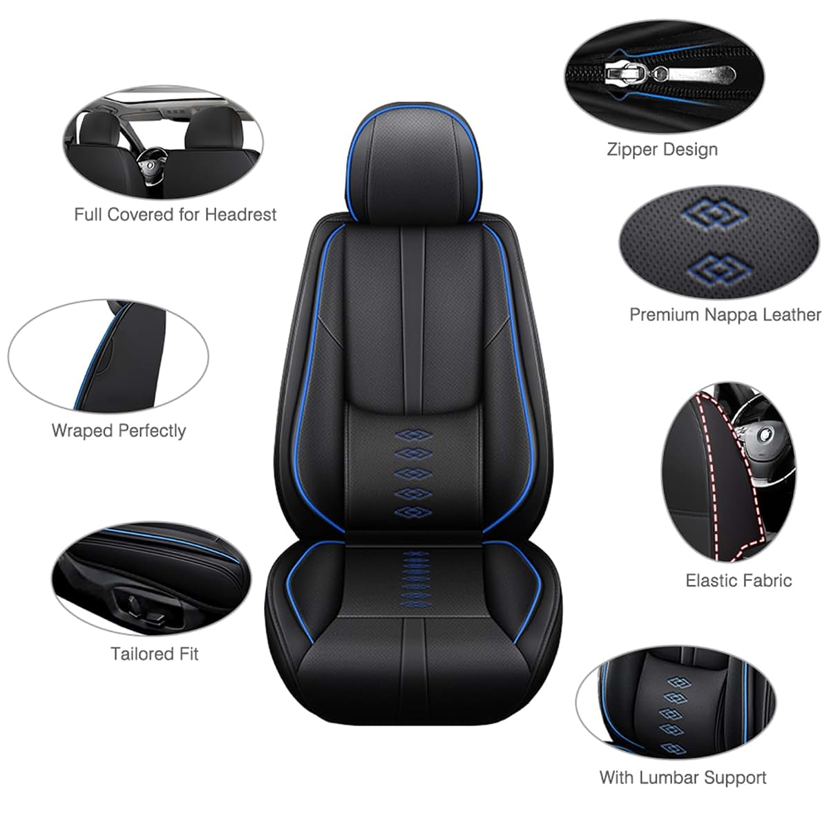 Cscevt Leather Seat Covers for Mazda CX90 2024 2025, Front Set with Lumbar Pillows, Black+Blue