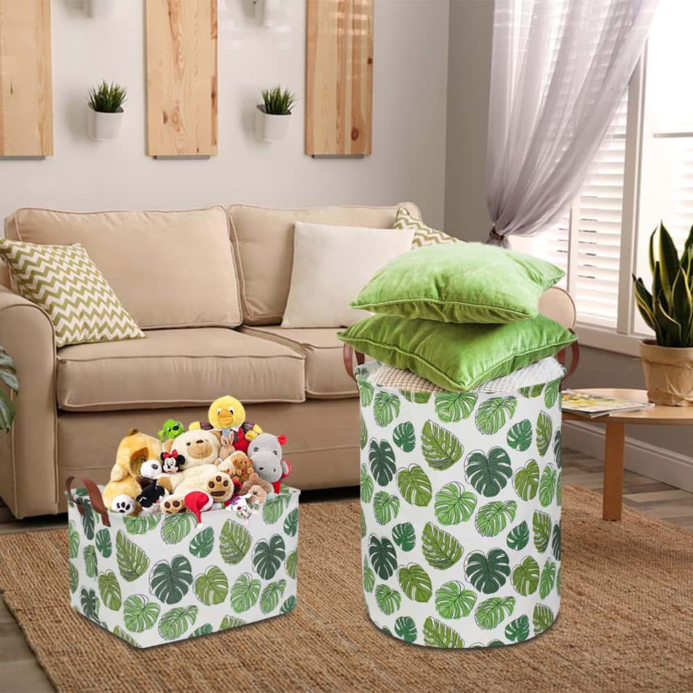 NTAOHAMPER Round Green Laundry Hamper, Jungle Themed with Handles