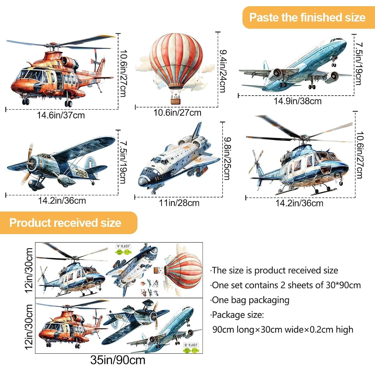 RW-JDFX Airplane and Hot Air Balloon Wall Decals Peel and Stick Vinyl Decor for Nursery