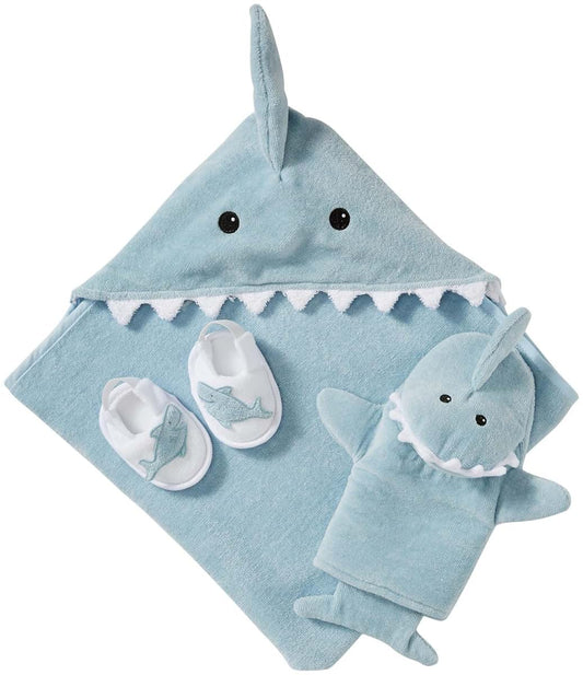 Baby Aspen Baby Shark 4-Piece Bath Set - Cotton Hooded Towel Bathrobe, Slippers & Bathing Mitt - Soft Beach Newborn