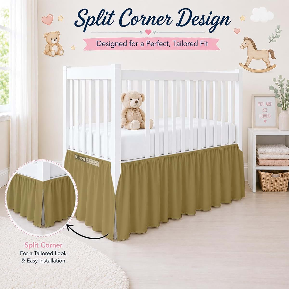 MD Home Decore Crib Bed Skirt Dust Ruffle with Split Corners Cotton, 14" Drop, Taupe (photo 2)
