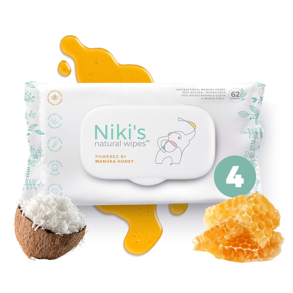 Nikis Natural Wipes Niki's Natural Baby Wipes, Sensitive Organic Manuka Honey Wet Wipes, 4 Pack