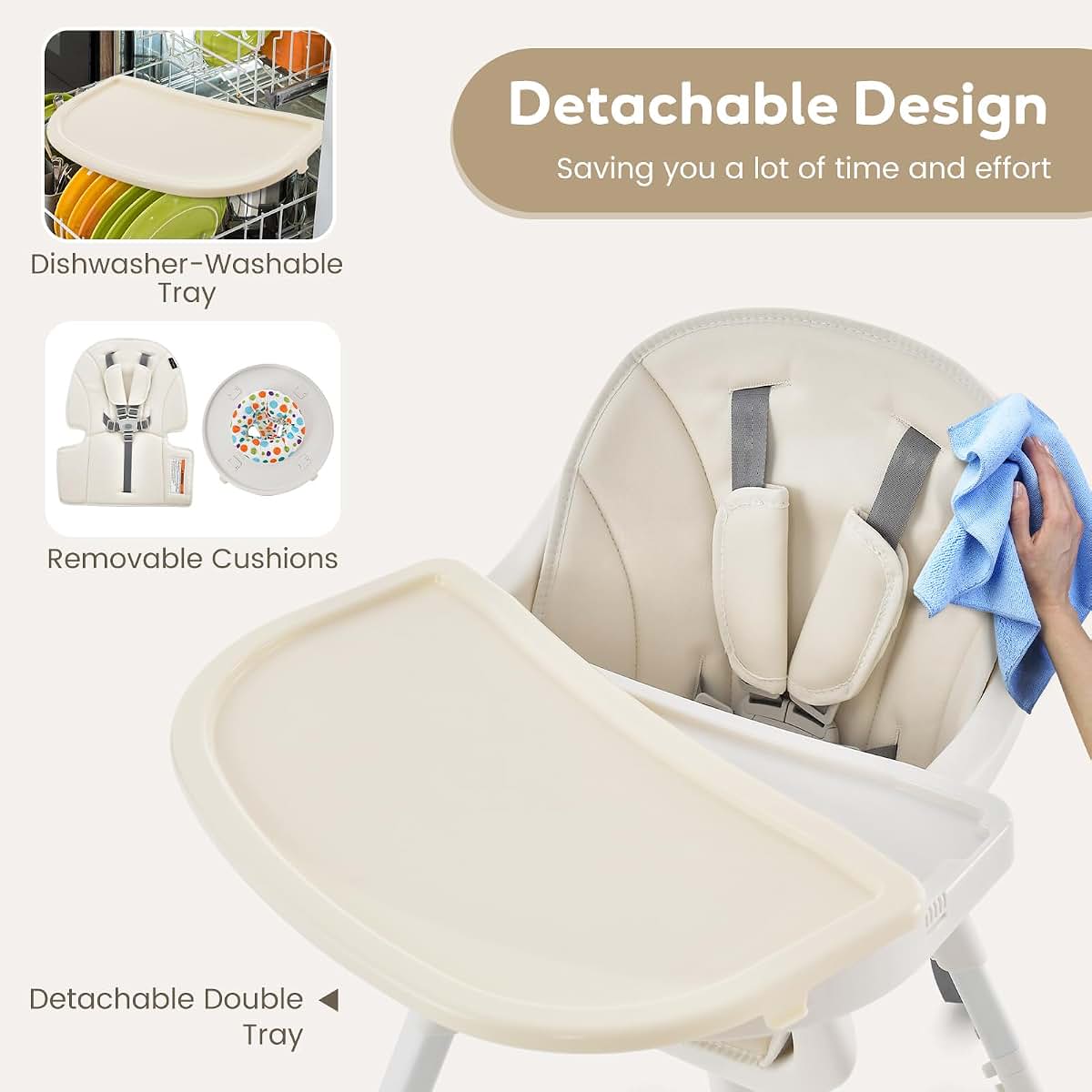 HONEY JOY 7-in-1 Convertible Baby High Chair with Adjustable Tray and Removable Cushion, Beige