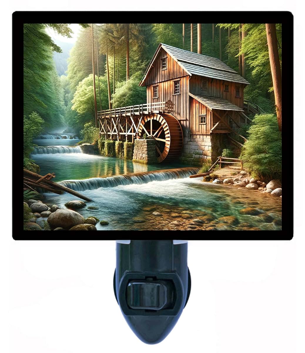 Night Light Designs River Water Mill Night Light – Landscape Design, Fully Enclosed, Rotating Plug, Glass Front, 4 Watt