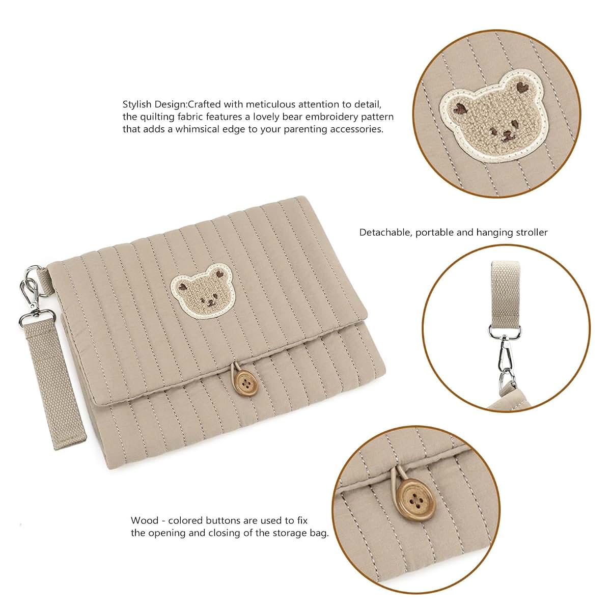 Bear Embroidery Diaper Bag Organizer Clutch | Stroller Attachment Pouch