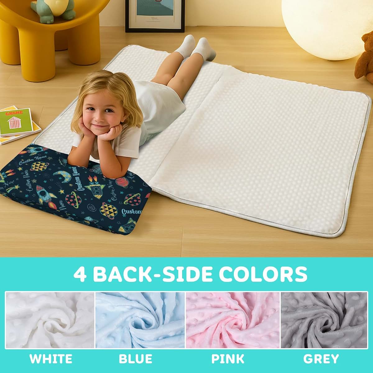 Kryvoxc Personalized Space Adventure Toddler Nap Mat with Pillow and Blanket (photo 4)