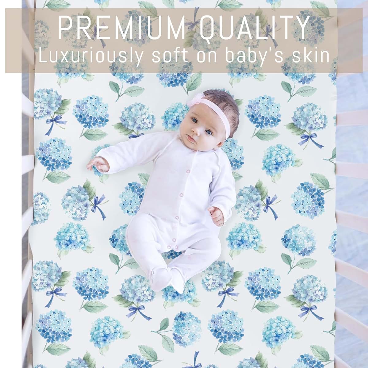 Selgkds Blue Hydrangea Bows Baby Crib Sheets for Boy Girl Preppy Bows Floral Ribbon Soft Fitted Crib Mattress Covers