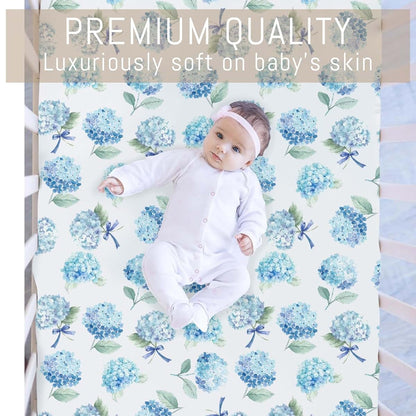 Selgkds Blue Hydrangea Bows Baby Crib Sheets for Boy Girl Preppy Bows Floral Ribbon Soft Fitted Crib Mattress Covers
