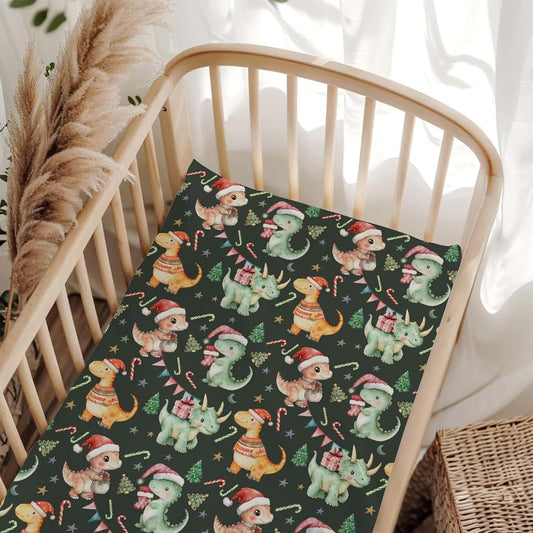 Wicbfdfv Cute Christmas Dinosaurs Pine Trees Red Green Baby Crib Sheet for Boys & Girls 52x28Inch Dino Candy Gift Moon