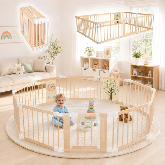 KIDL Foldable Wooden Baby Playpen with Gate, Adjustable Play Yard with Customizable Size and Shape, Toddler Indoor