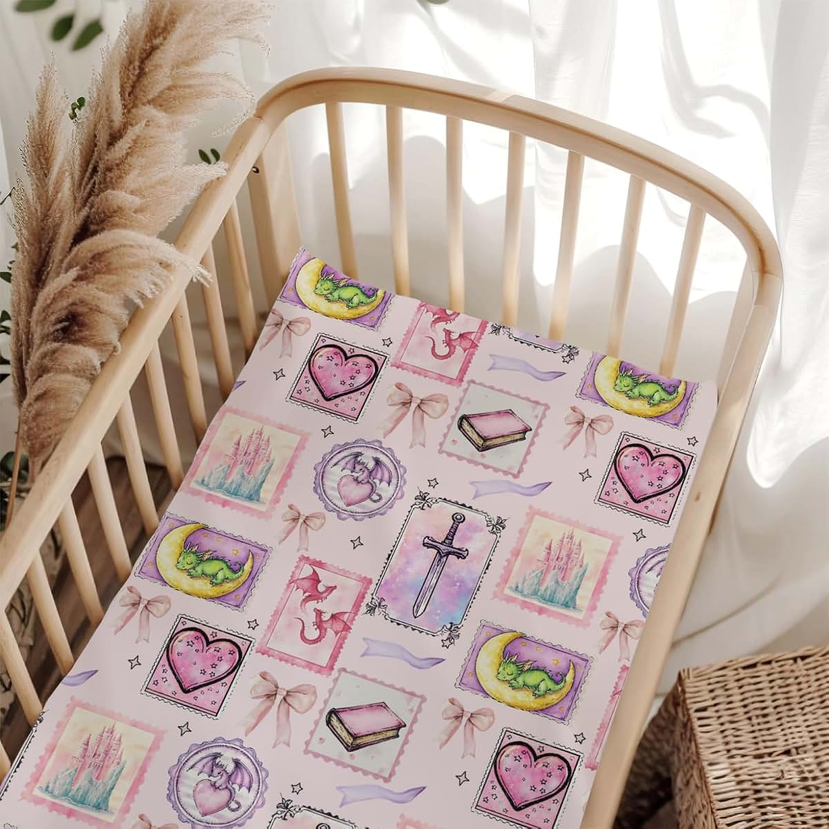 Wicbfdfv Pink Dragon Castle Fitted Crib Sheet for Standard Cribs