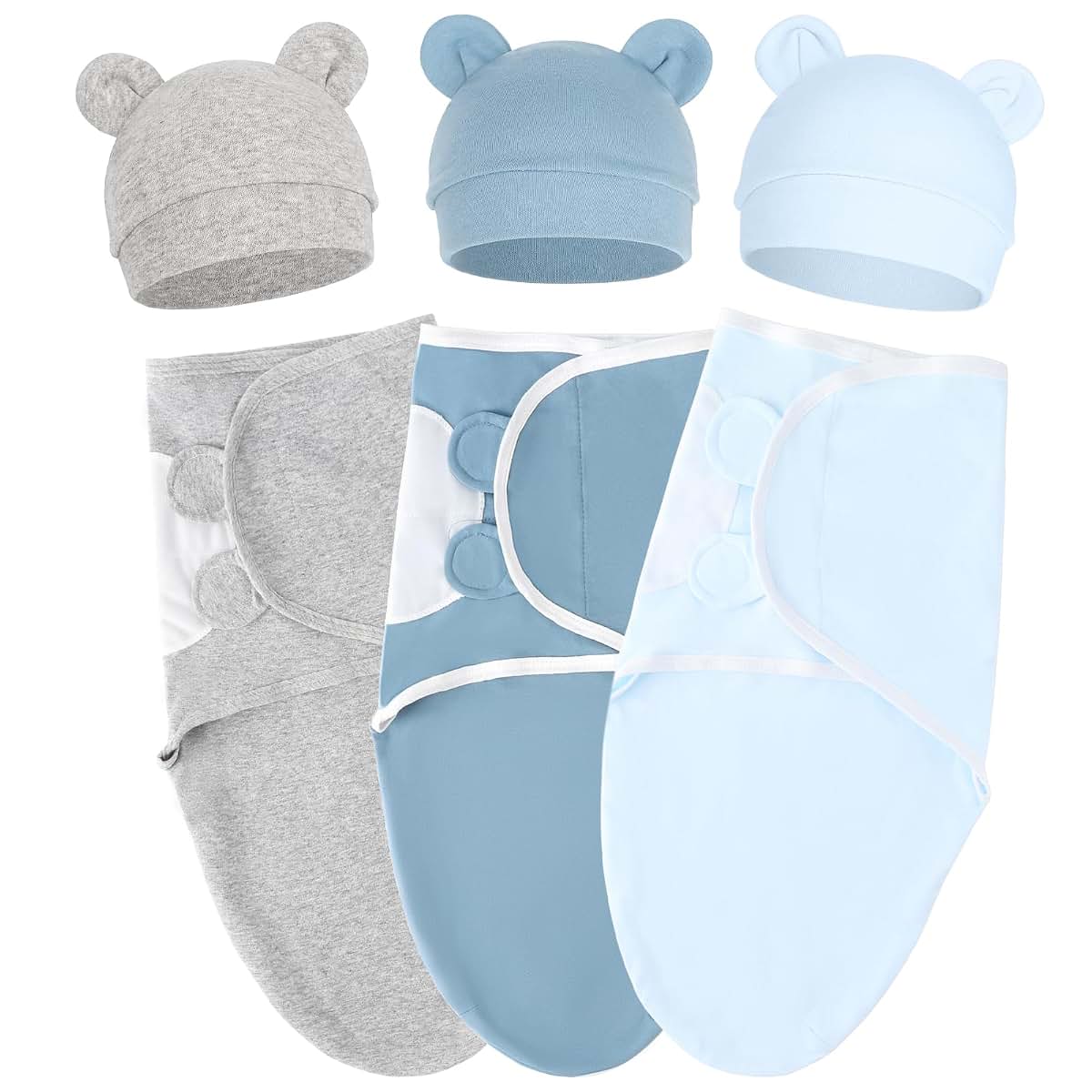 AQOKKA Swaddle Blankets Set with Bear Ear Hats for Newborns