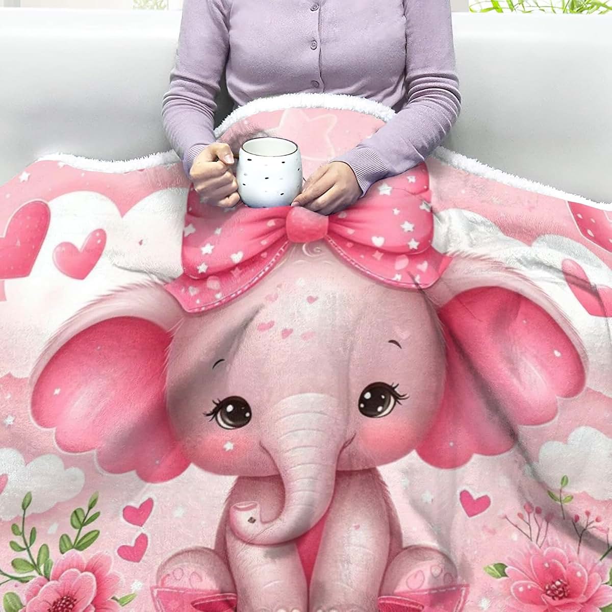 NZOOHY Girl Elephant Flower Personalized Sherpa Baby Blankets for Boys Girls,Soft Newborn Naps Custom Name Blanket for (photo 4)