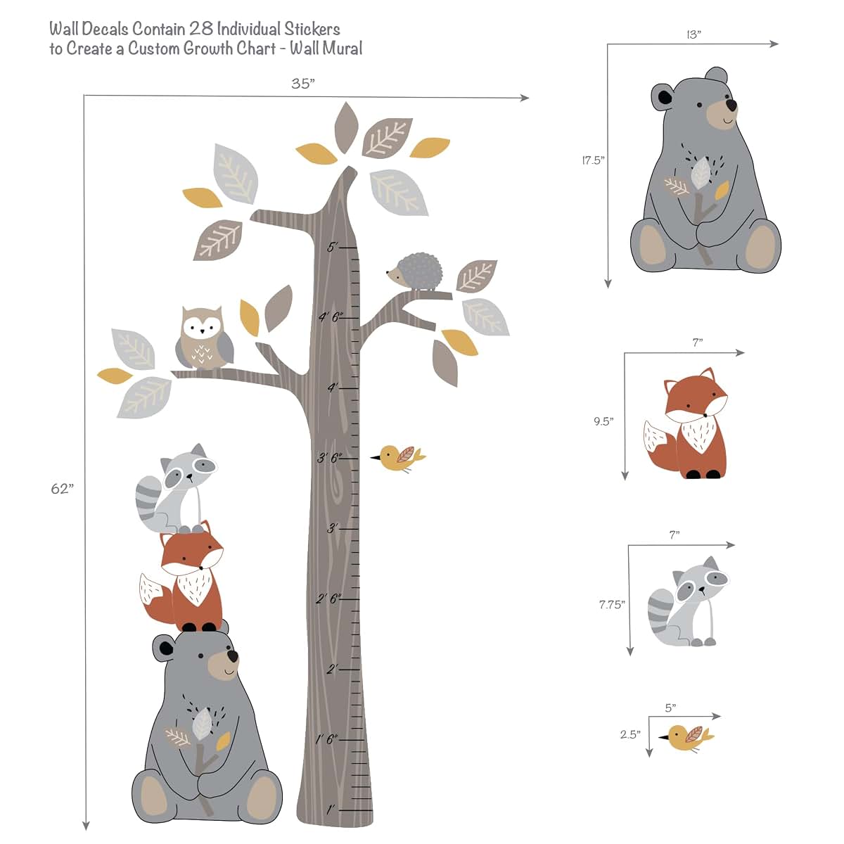 Woodland Forest Tree and Animal Kids Growth Chart Wall Decal Set