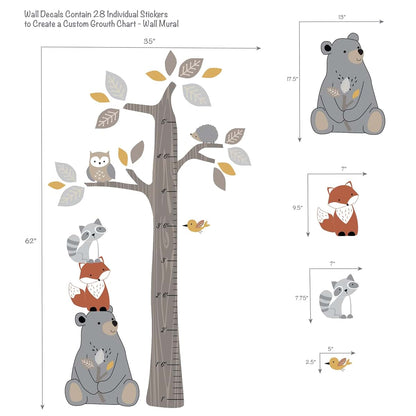 Woodland Forest Tree and Animal Kids Growth Chart Wall Decal Set