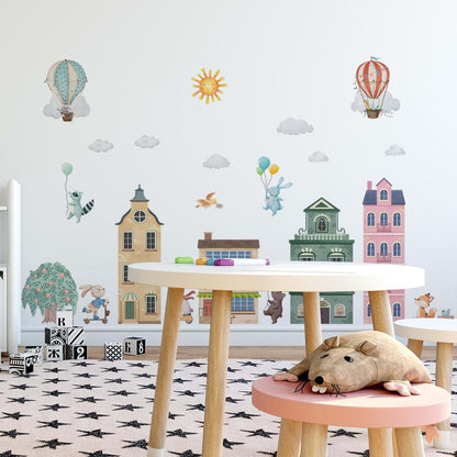 BabyOneStop Watercolor City Hot Air Balloons Wall Decals Removable Vinyl Stickers