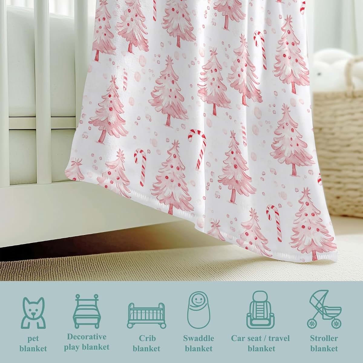 Wicbfdfv Pink Christmas Pine Trees Candy Baby Blanket, 50x60 Inch Flannel Fleece (photo 4)