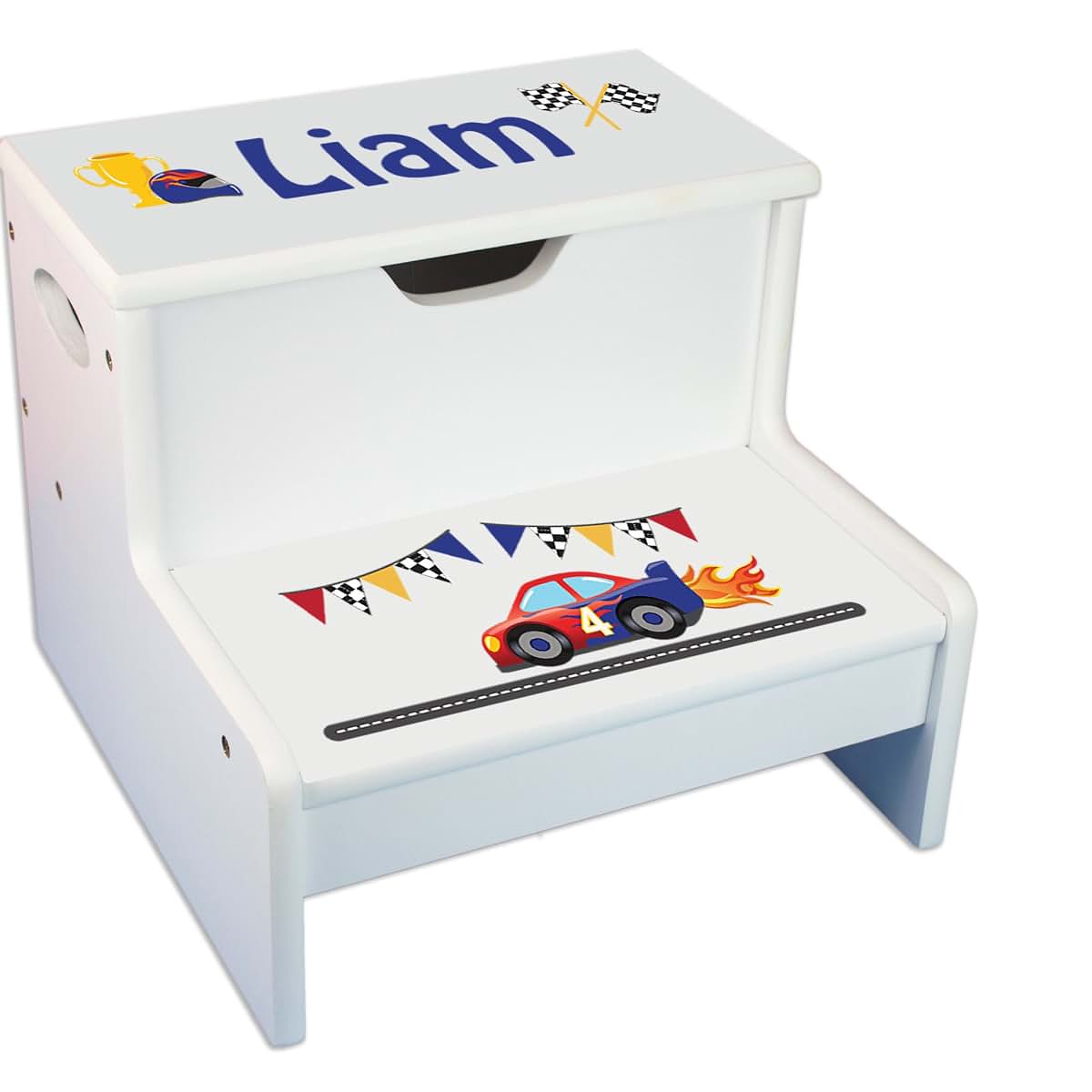 My Bambino Personalized Race Cars White Kids Step Stool With Storage
