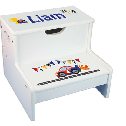 My Bambino Personalized Race Cars White Kids Step Stool With Storage