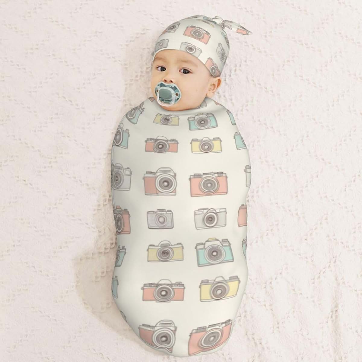 Muishi Hand Drawn Cameras Newborn Swaddle Blanket and Hat Set, 0-6 Months