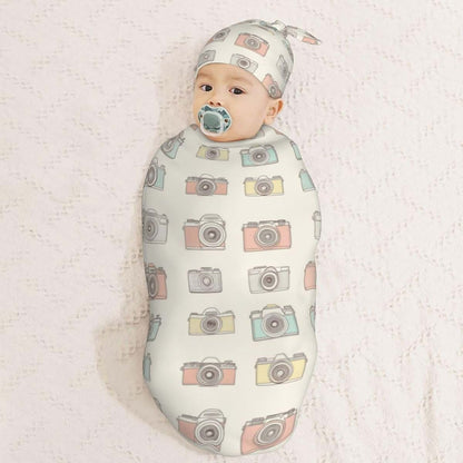 Muishi Hand Drawn Cameras Newborn Swaddle Blanket and Hat Set, 0-6 Months