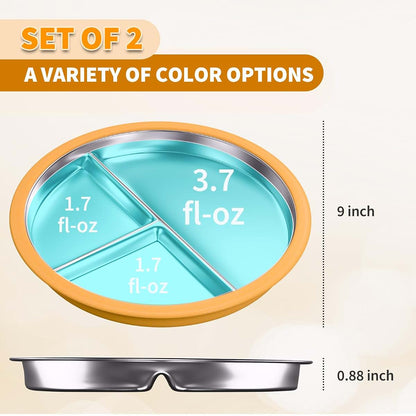 Maccvk Stainless Steel Toddler Plate with Suction, 9 Inch Divided Set of 2, Green and Orange