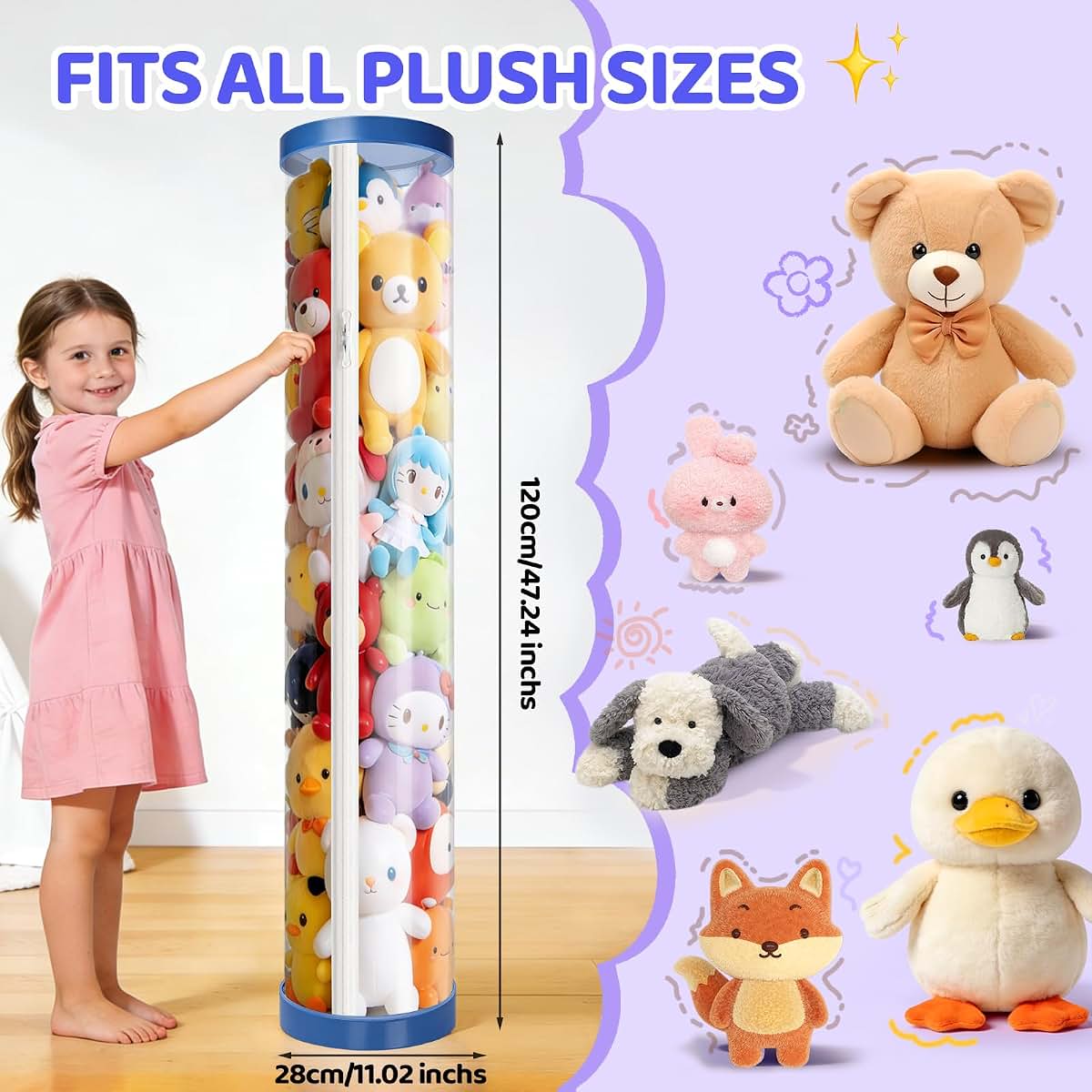 ZYX-New House Stuffed Animal Storage Tube with Zipper, 47 Inch Tall, Blue