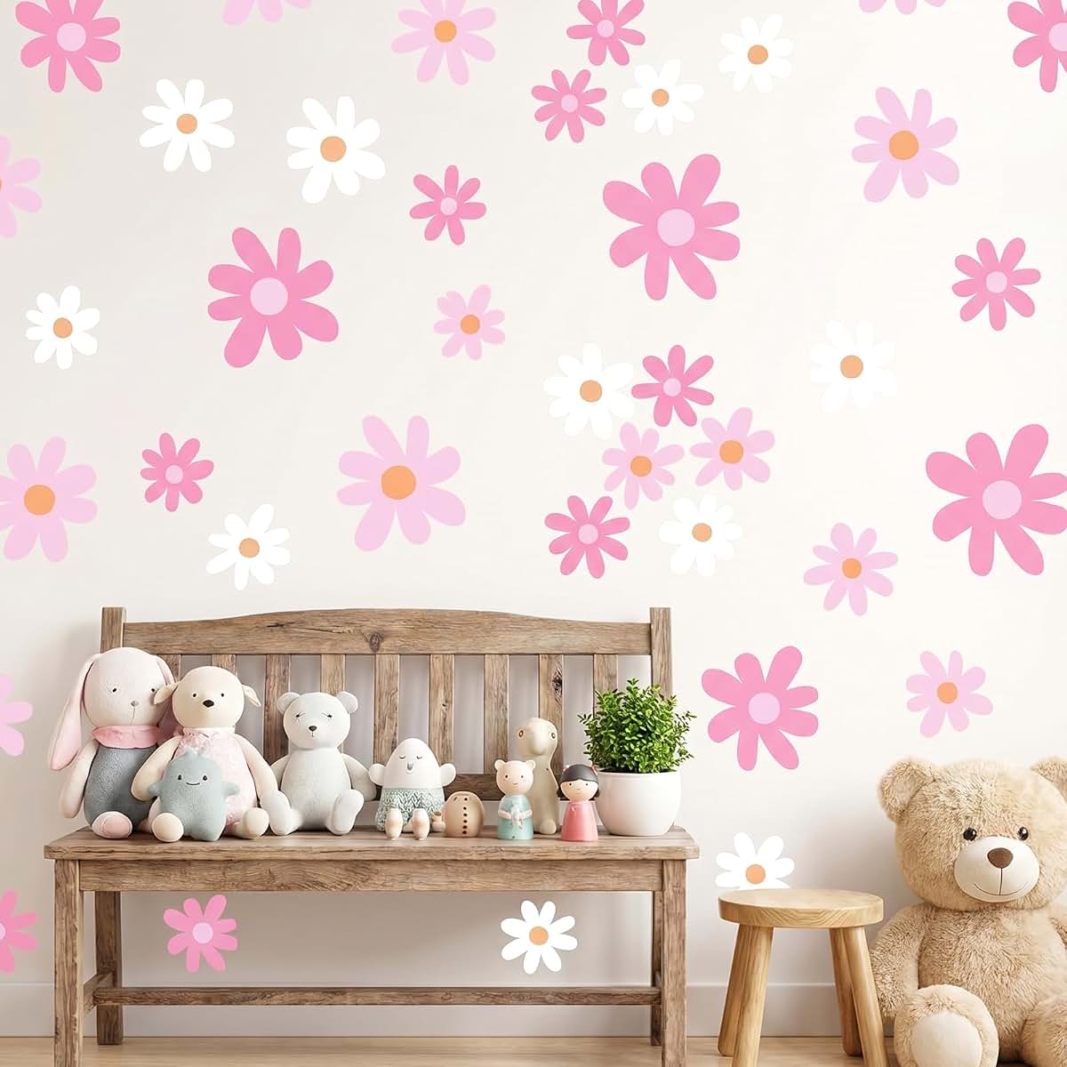MySHUCE Daisy Flower Wall Decals - 24 Sheet Pink and White Peel and Stick Decor