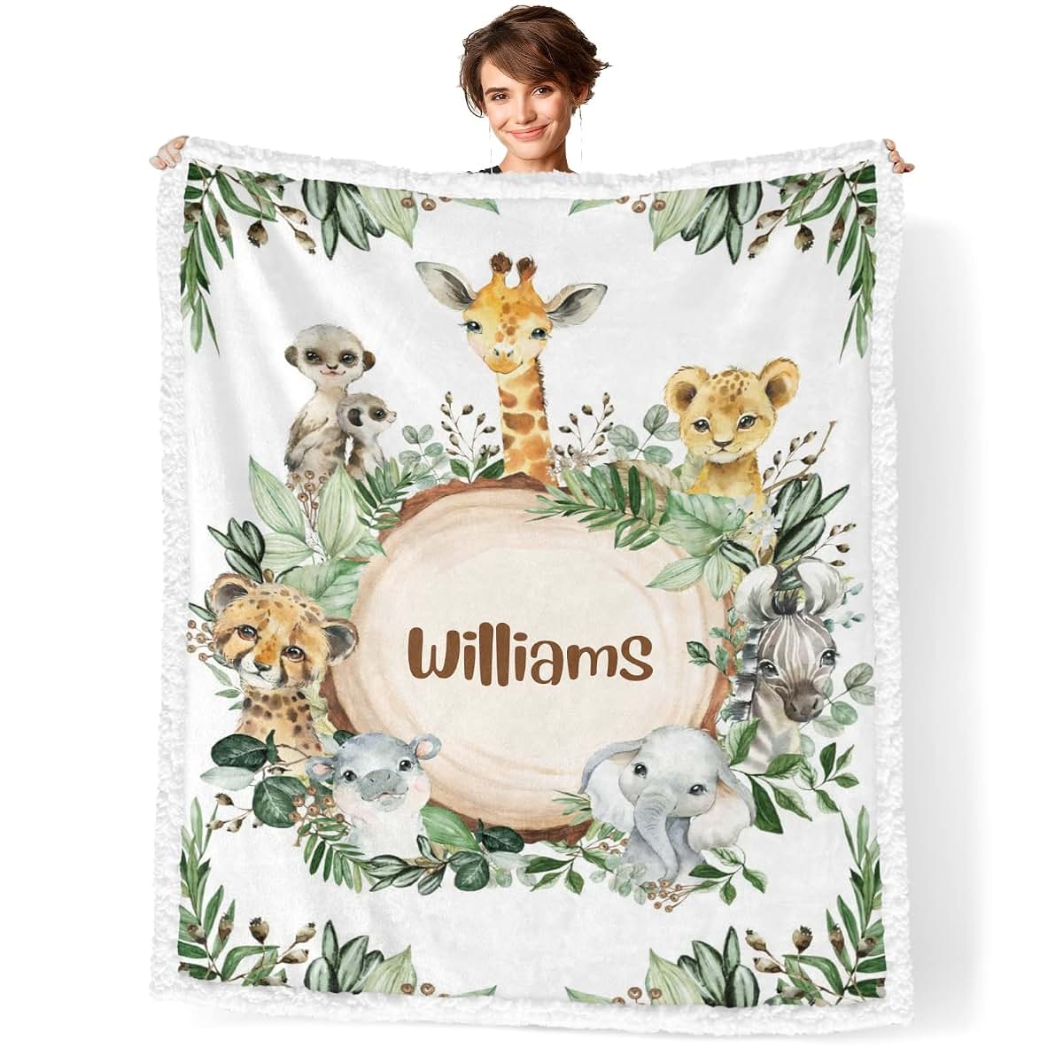 NZOOHY Wild Jungle Animals Personalized Sherpa Baby Blankets for Boys Girls,Soft Newborn Naps Custom Name Blanket for (photo 2)