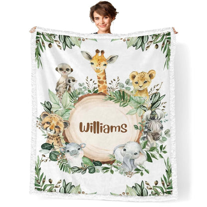 NZOOHY Wild Jungle Animals Personalized Sherpa Baby Blankets for Boys Girls,Soft Newborn Naps Custom Name Blanket for (photo 2)