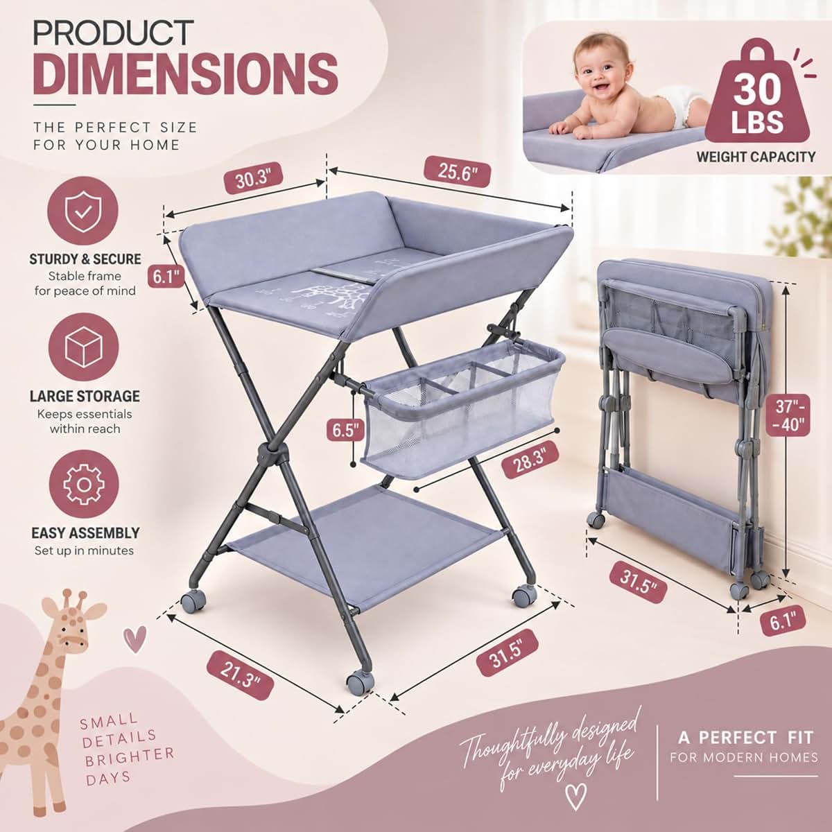 Sanmico Baby Changing Table with Wheels, Portable Foldable Diaper Changing Station, Adjustable Height, Nursery (photo 2)