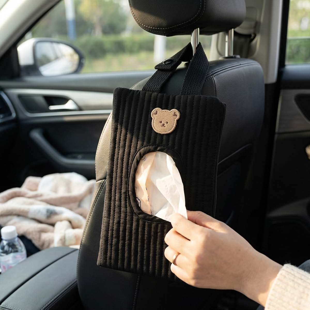 Baby Wipes Dispenser, Cotton Embroidered Bear Wipe Pouch for Diaper Bag, Black