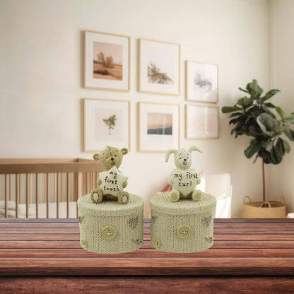 Button Corner Resin First Tooth and First Curl Set Christening Rabbit & Teddy Trinket Boxes CG752 (photo 3)