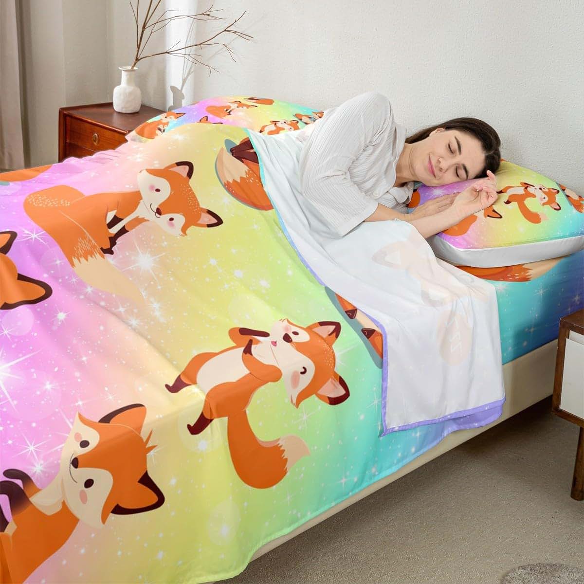Erosebridal Kids Fox Bed Sheets Cartoon Animal Print 4-Piece King Size Sheet Set