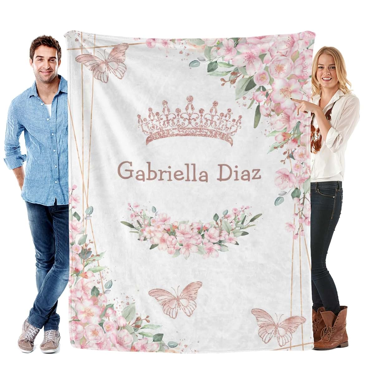 CADE Custom Baby Blanket for Girls Personalized Baby Blanket with Name Pink Princess Crown Blanket Personalized Name
