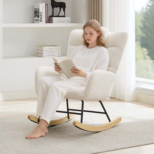LALFPET High Back Upholstered Rocking Chair - White Without Ottoman