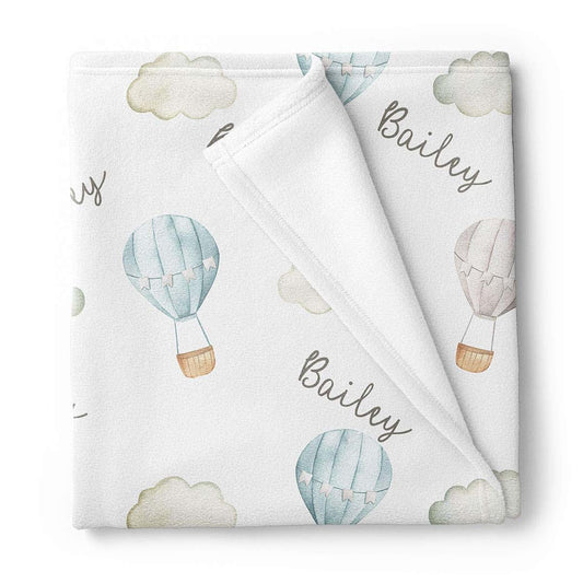 Lovable Gift Co Hot Air Balloons Personalized Baby Receiving Swaddle Blanket, Blue