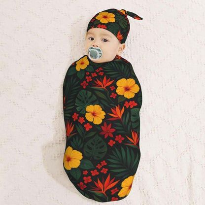Muishi Yellow Hawaiian Tropical Flower Newborn Swaddle Blanket and Hat Set for 0-6 Months
