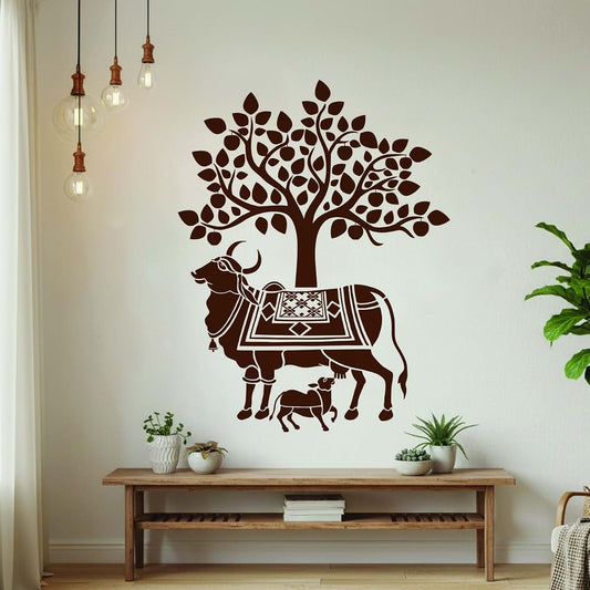 StickMe Kamdhenu Cow And Calf Wall Sticker In Colorful Vinyl
